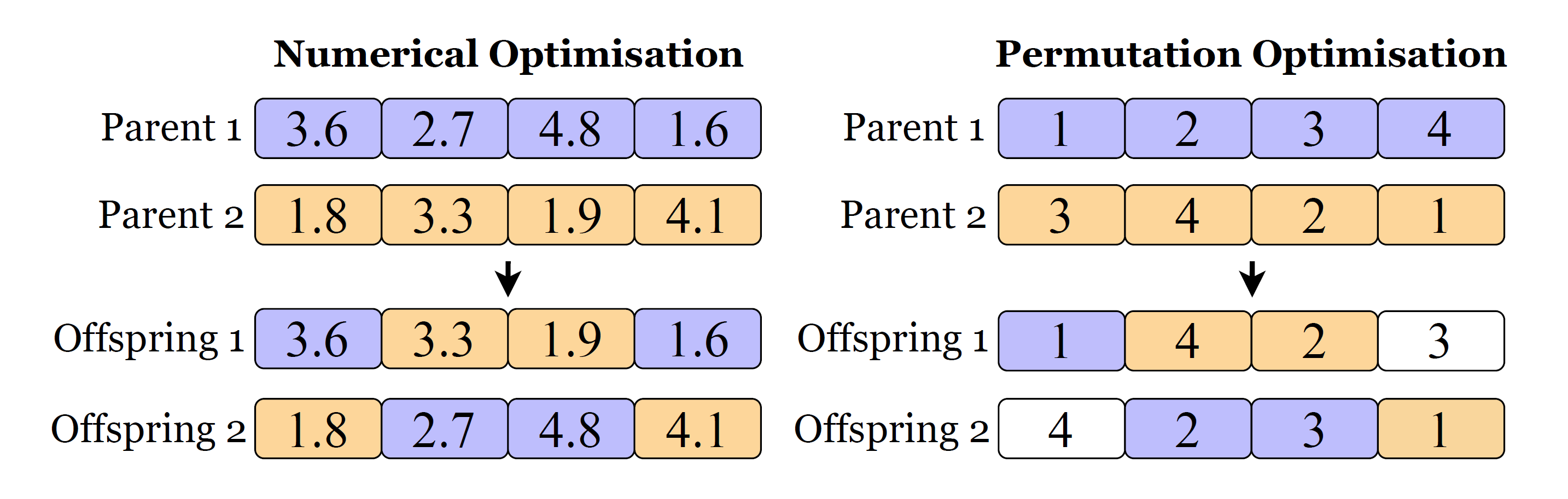 Crossover operation of 2 parents in numerical Optimisation and in permutation.