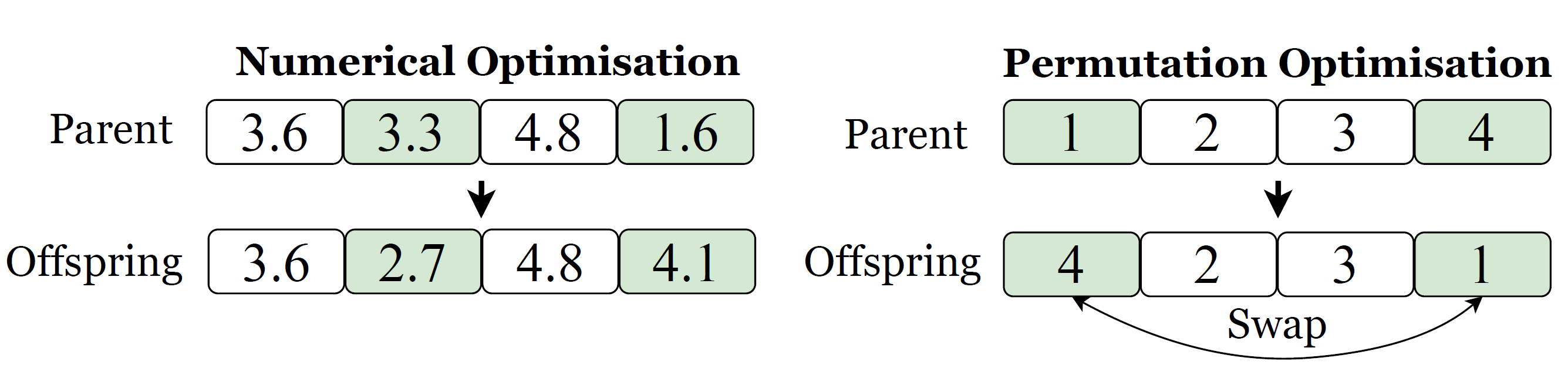 Mutation operation of 2 parents in numerical Optimisation and in permutation